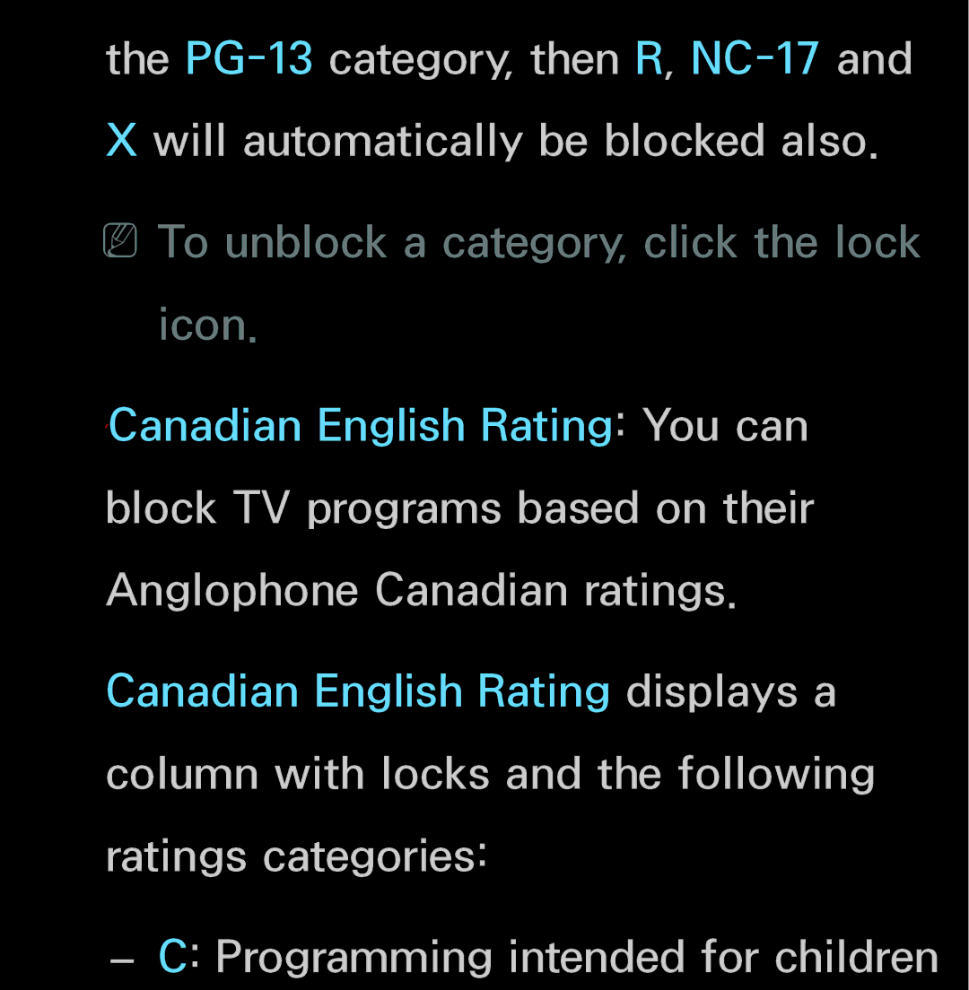 Samsung UN55ES6150, UN60FH6200 manual NNTo unblock a category, click the lock icon, Programming intended for children 