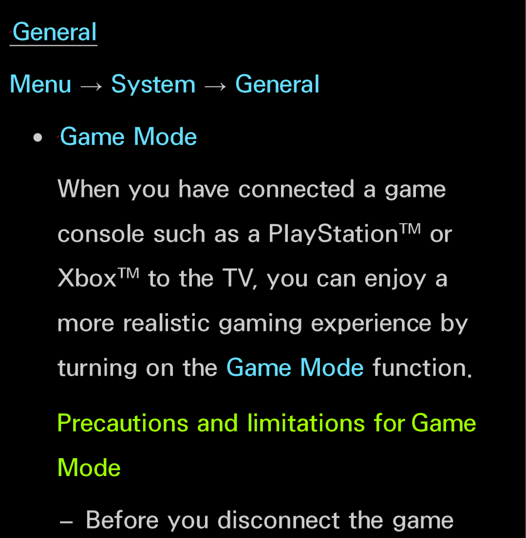 Samsung UN55ES6150, UN60FH6200 manual ℓGeneral Menu → System → General ℓGame Mode 