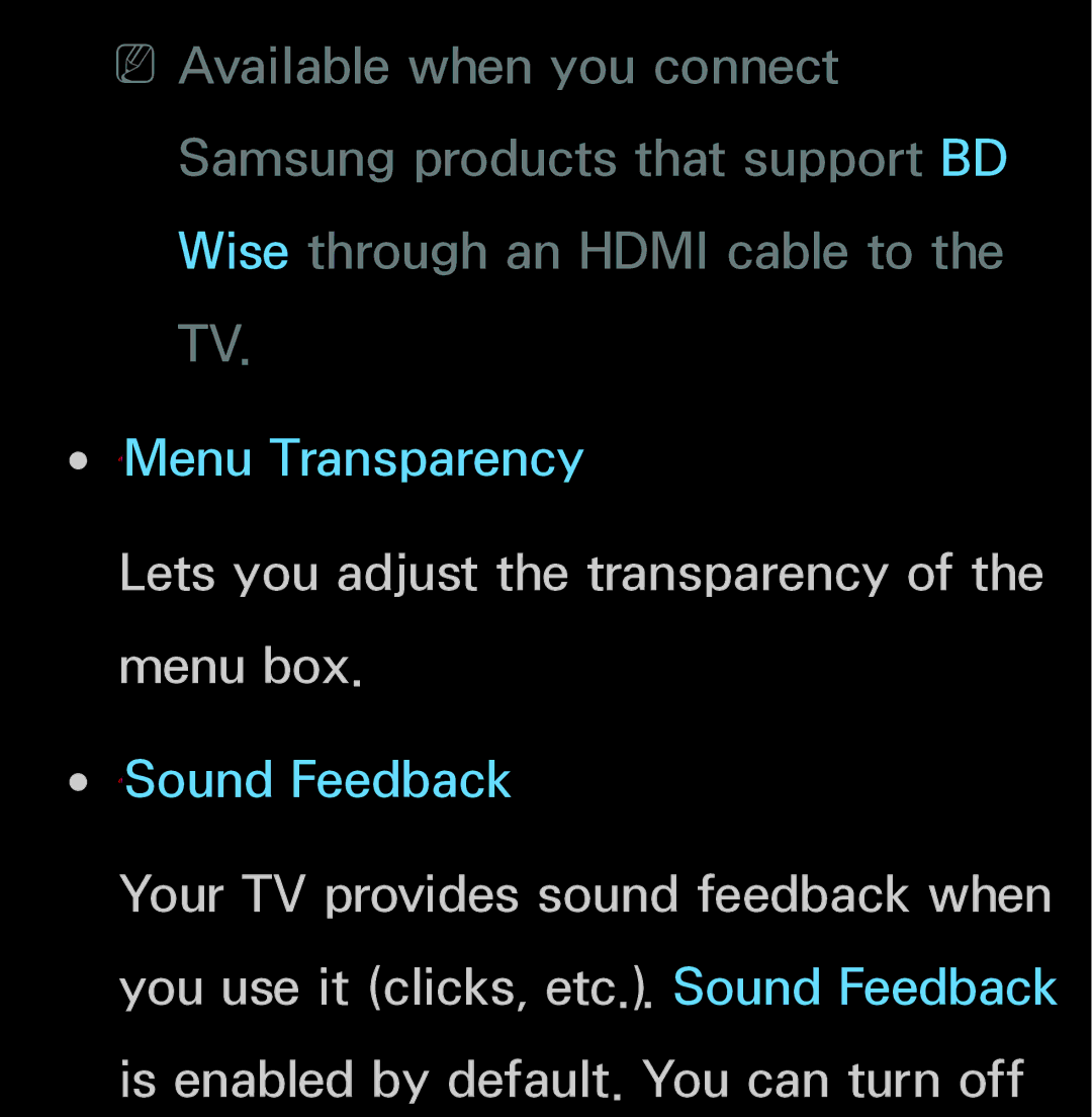 Samsung UN60FH6200, UN55ES6150 manual Lets you adjust the transparency of the menu box 