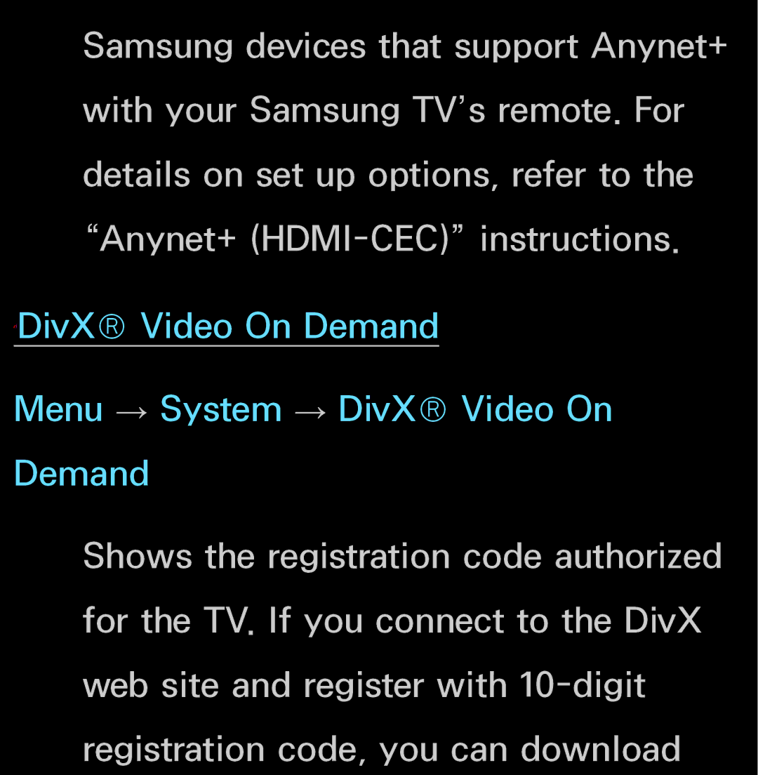 Samsung UN55ES6150, UN60FH6200 manual ℓDivX Video On Demand Menu → System → DivX Video On Demand 