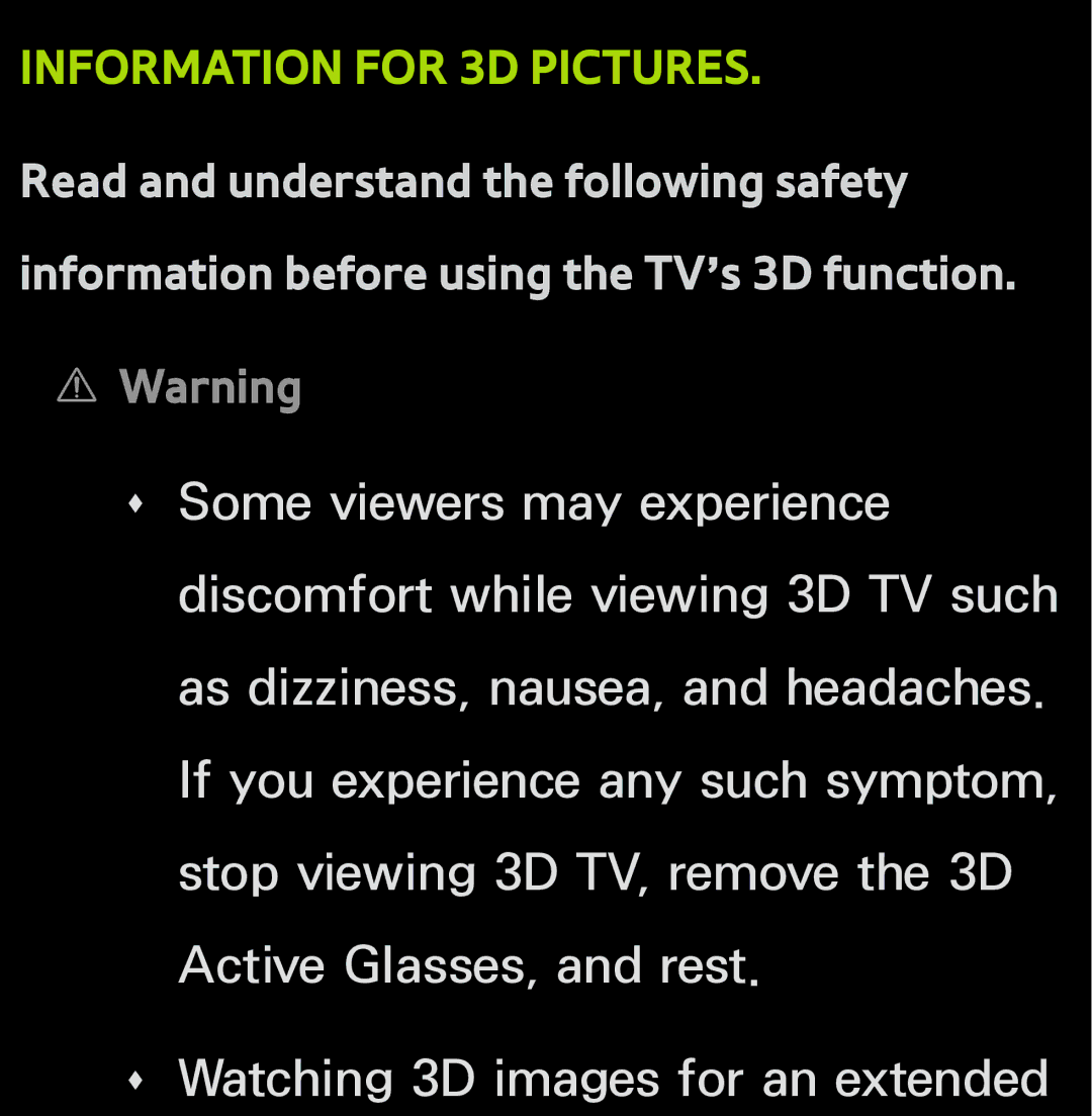 Samsung UN60FH6200, UN55ES6150 manual Information for 3D Pictures 