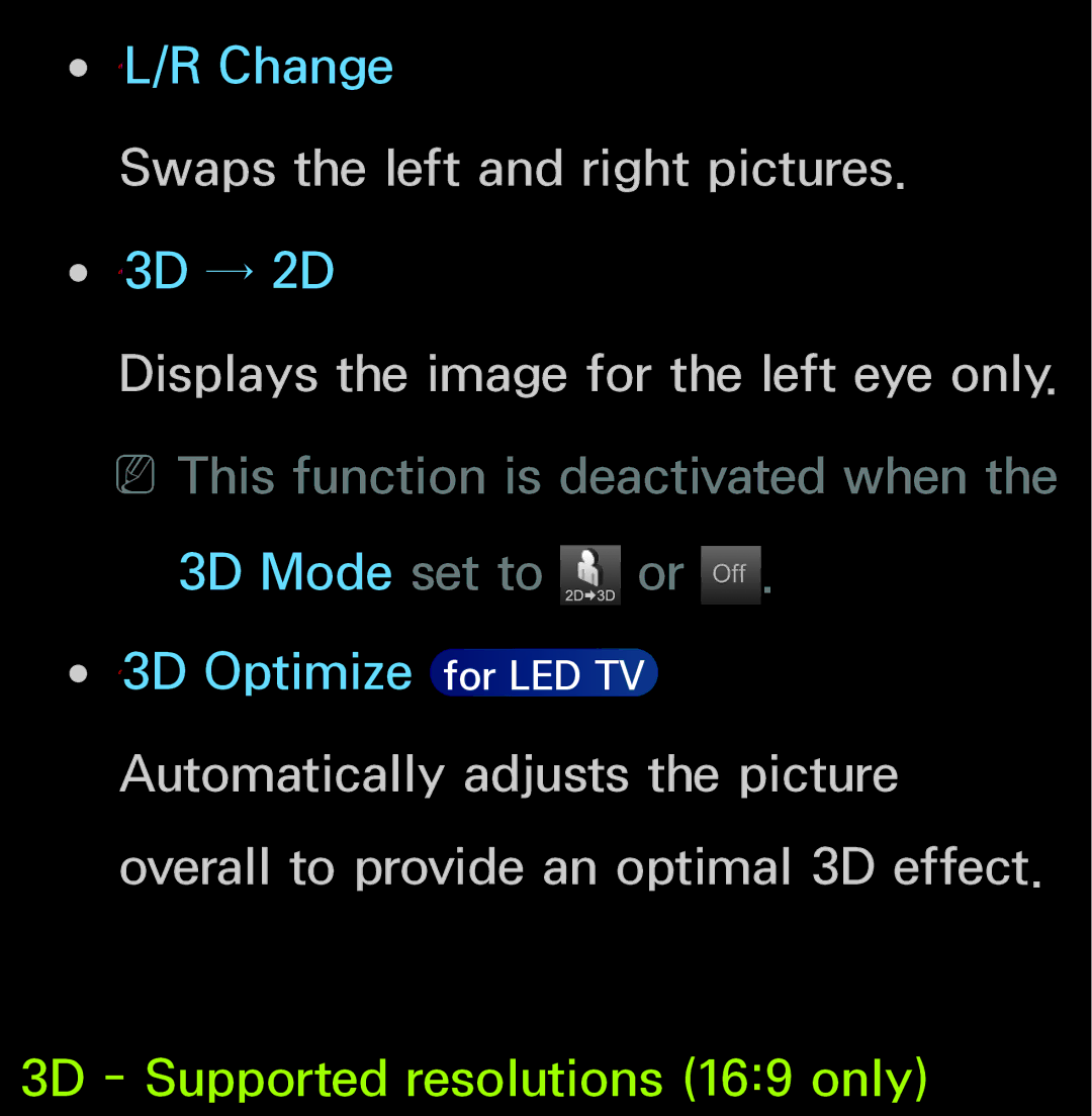 Samsung UN55ES6150, UN60FH6200 manual 3D Supported resolutions 169 only 