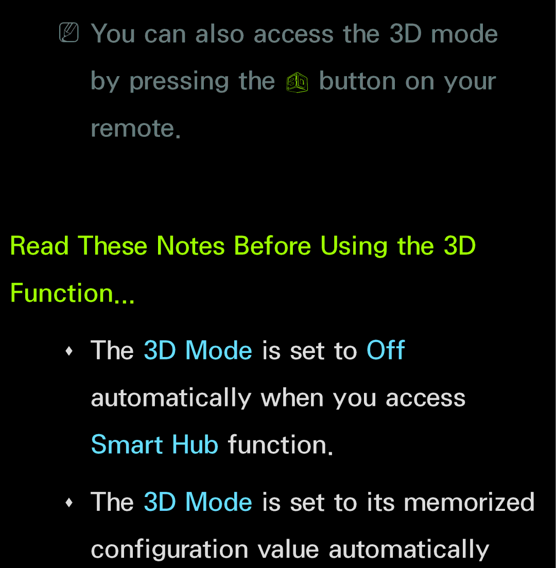 Samsung UN55ES6150, UN60FH6200 manual Read These Notes Before Using the 3D Function 