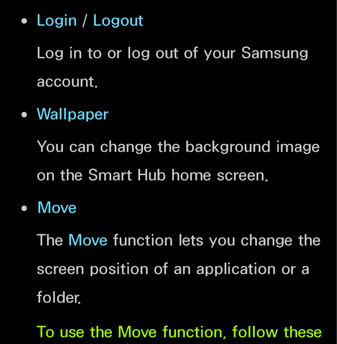 Samsung UN60FH6200, UN55ES6150 manual Log in to or log out of your Samsung account 