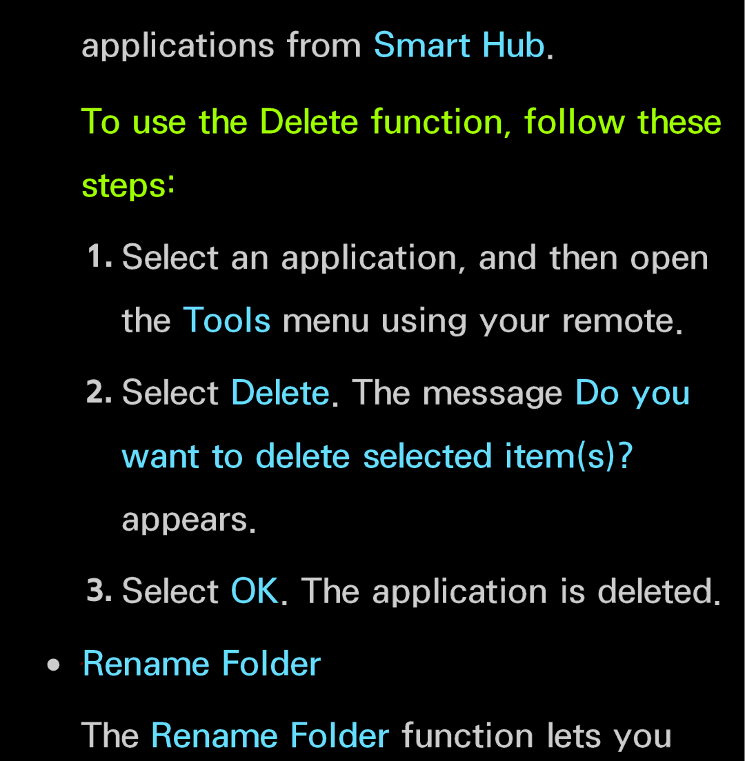 Samsung UN60FH6200, UN55ES6150 manual Applications from Smart Hub, Rename Folder function lets you 