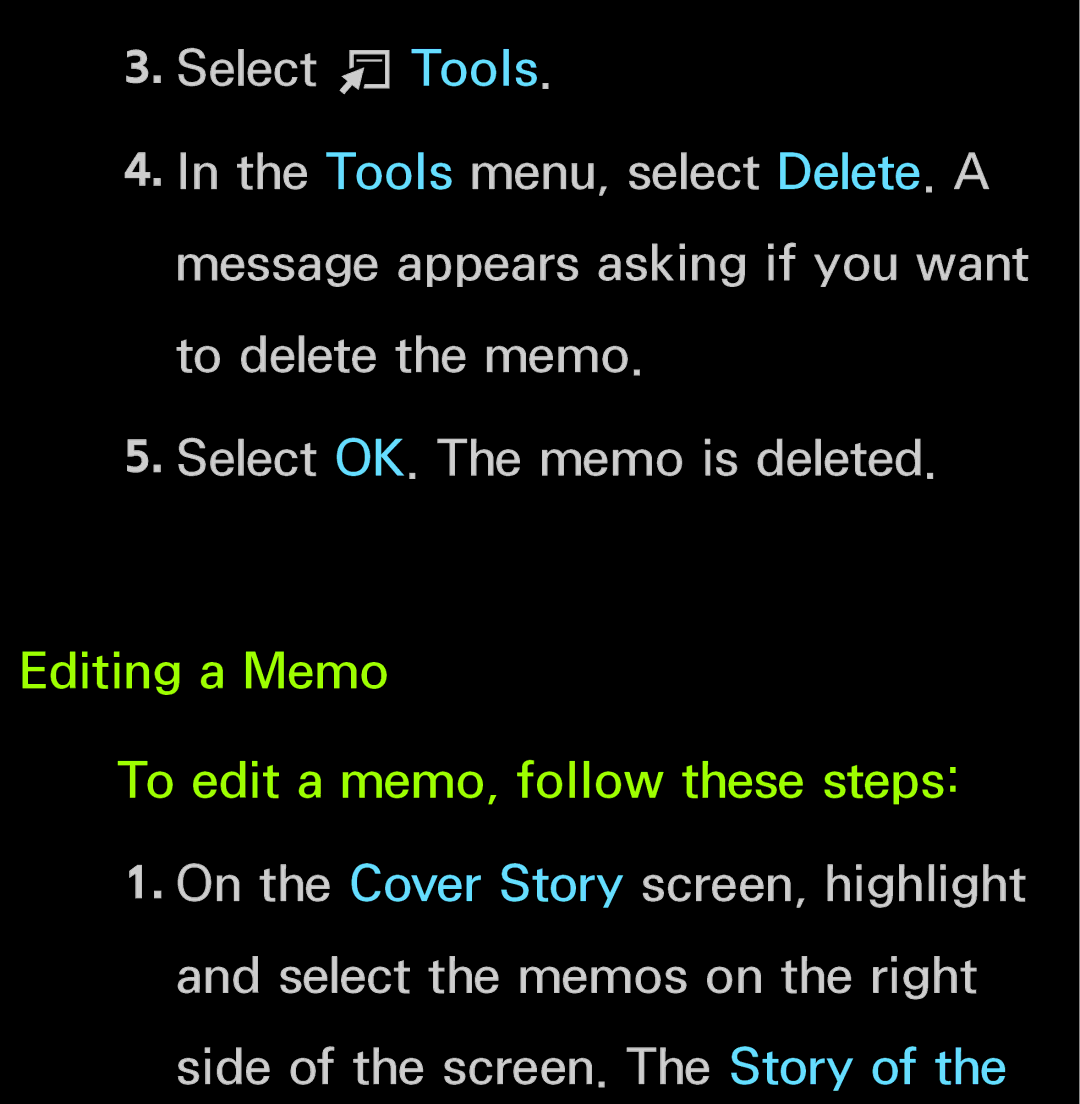 Samsung UN60FH6200, UN55ES6150 manual Editing a Memo To edit a memo, follow these steps 