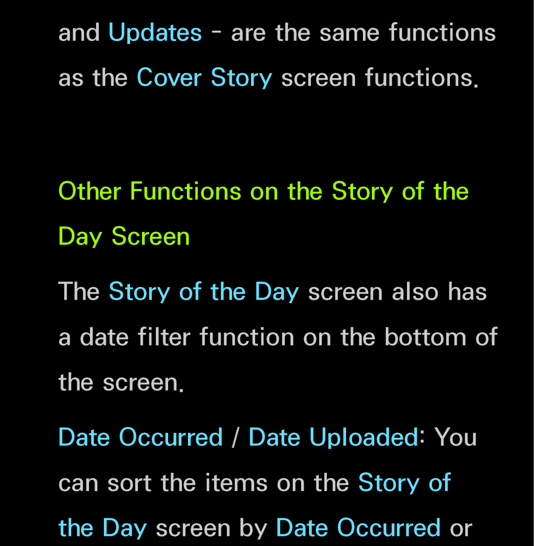 Samsung UN60FH6200, UN55ES6150 manual Other Functions on the Story of the Day Screen 