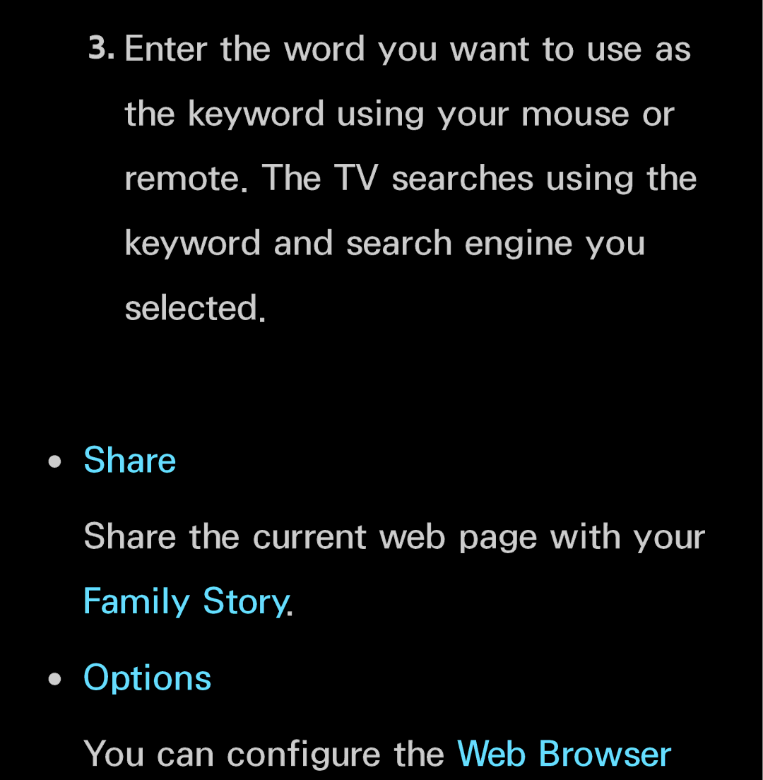 Samsung UN60FH6200, UN55ES6150 manual Share the current web page with your Family Story, You can configure the Web Browser 