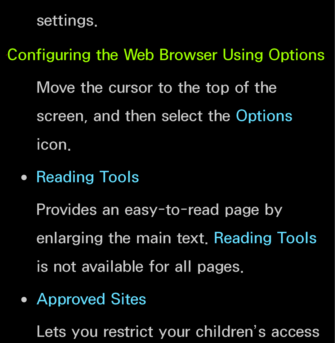 Samsung UN55ES6150, UN60FH6200 manual Settings, Lets you restrict your children’s access 