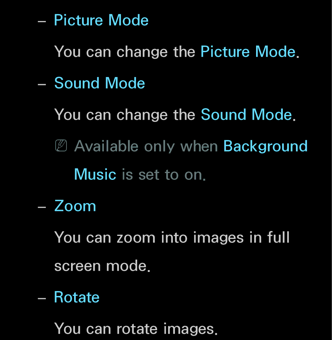 Samsung UN60FH6200, UN55ES6150 manual You can zoom into images in full screen mode, You can rotate images 