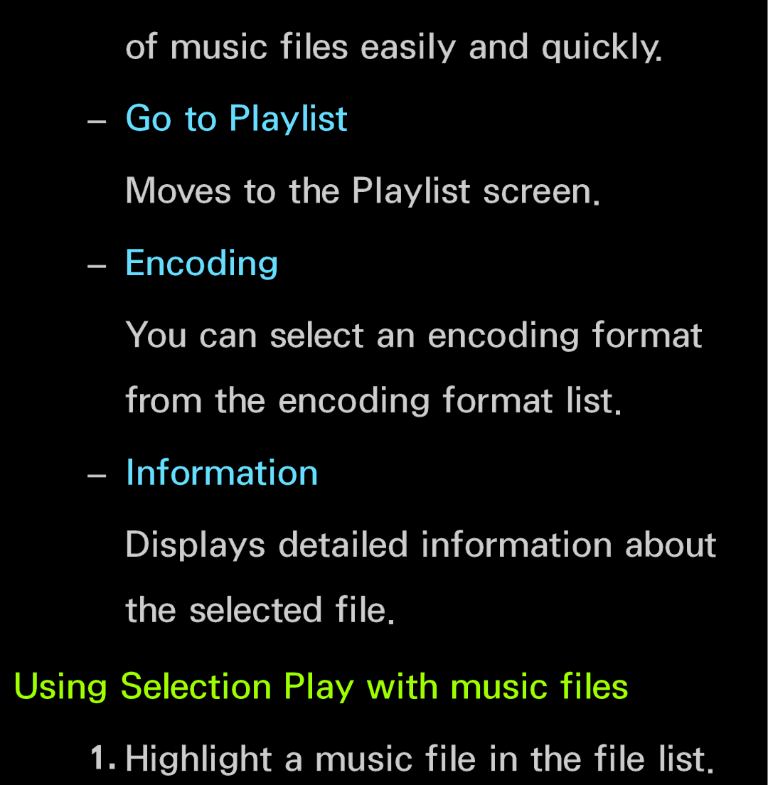 Samsung UN60FH6200, UN55ES6150 manual Music files easily and quickly, Highlight a music file in the file list 