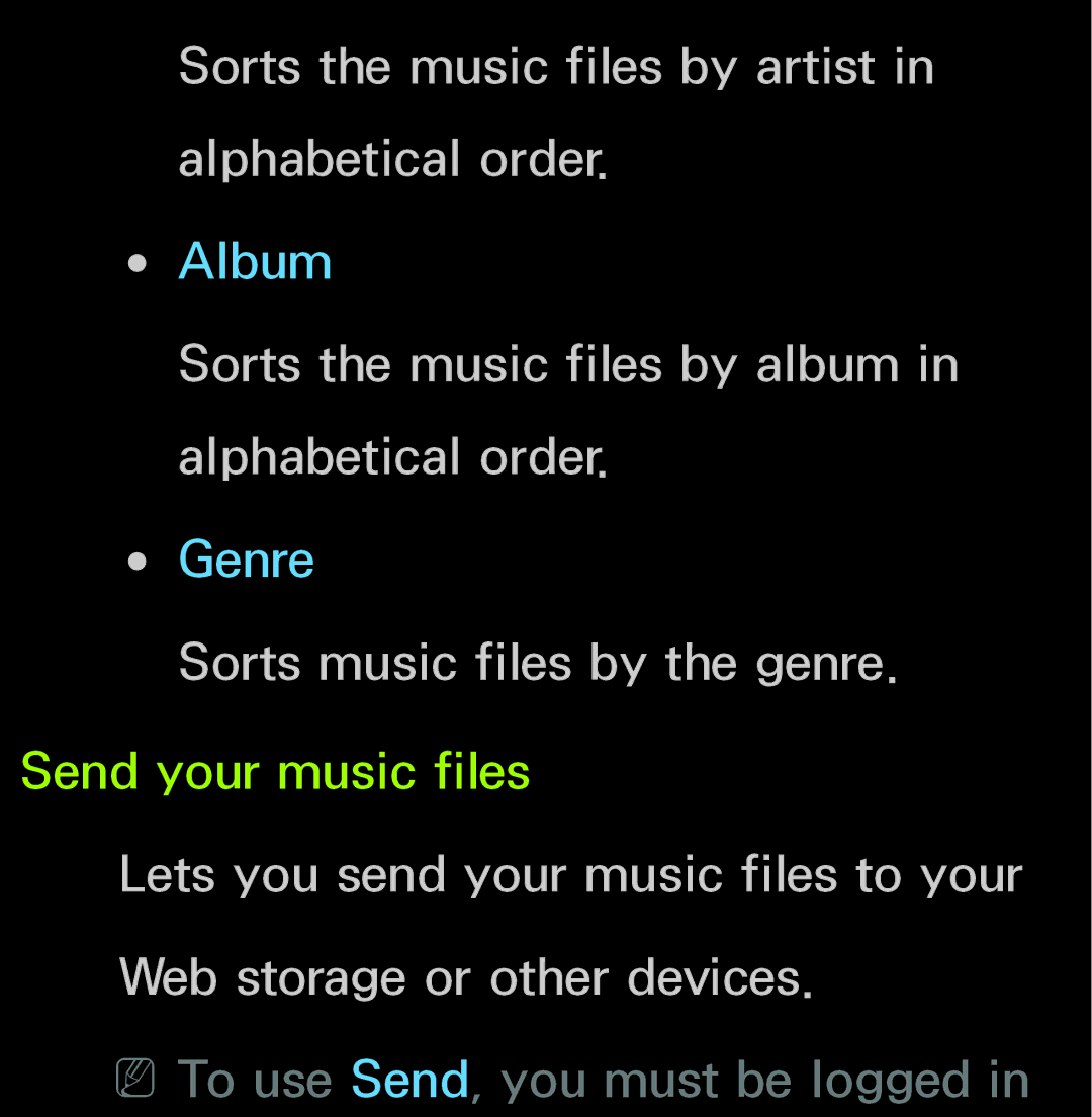 Samsung UN60FH6200, UN55ES6150 manual Sorts the music files by artist in alphabetical order 