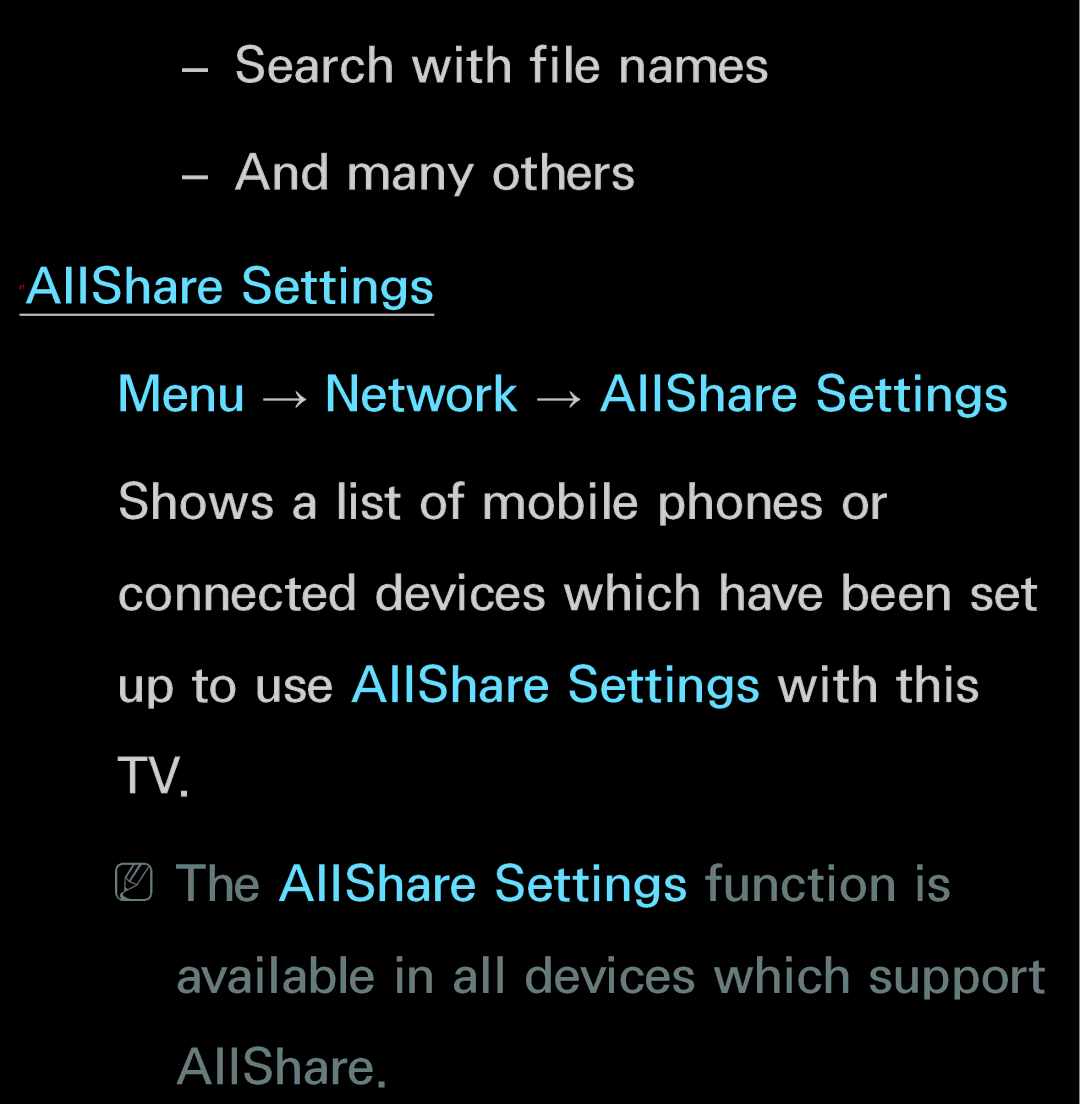 Samsung UN60FH6200, UN55ES6150 manual Search with file names Many others ℓAllShare Settings 