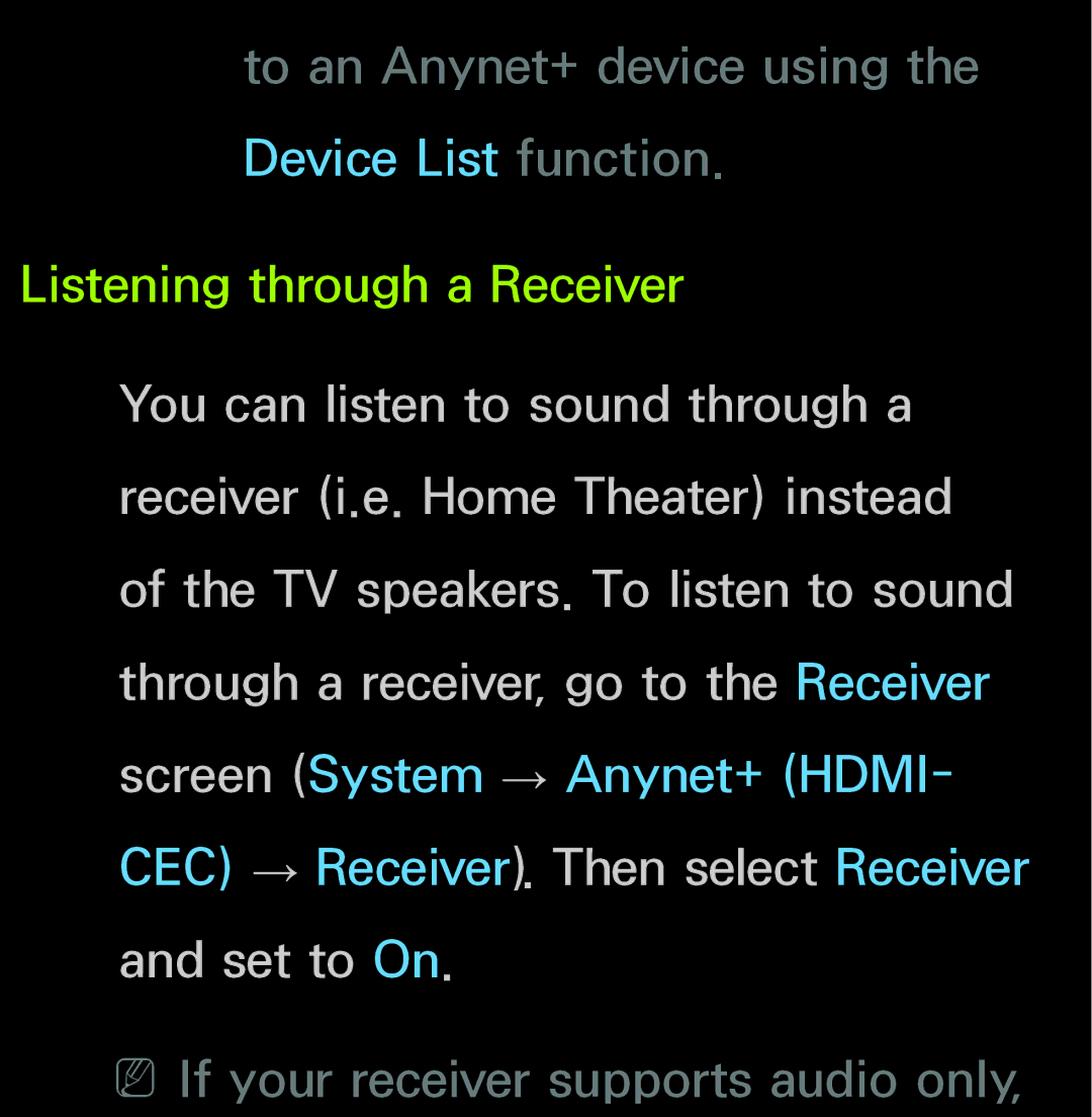 Samsung UN60FH6200, UN55ES6150 manual Listening through a Receiver 