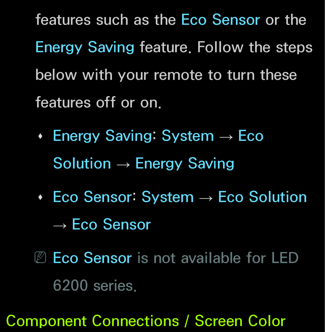 Samsung UN55ES6150, UN60FH6200 manual Component Connections / Screen Color 