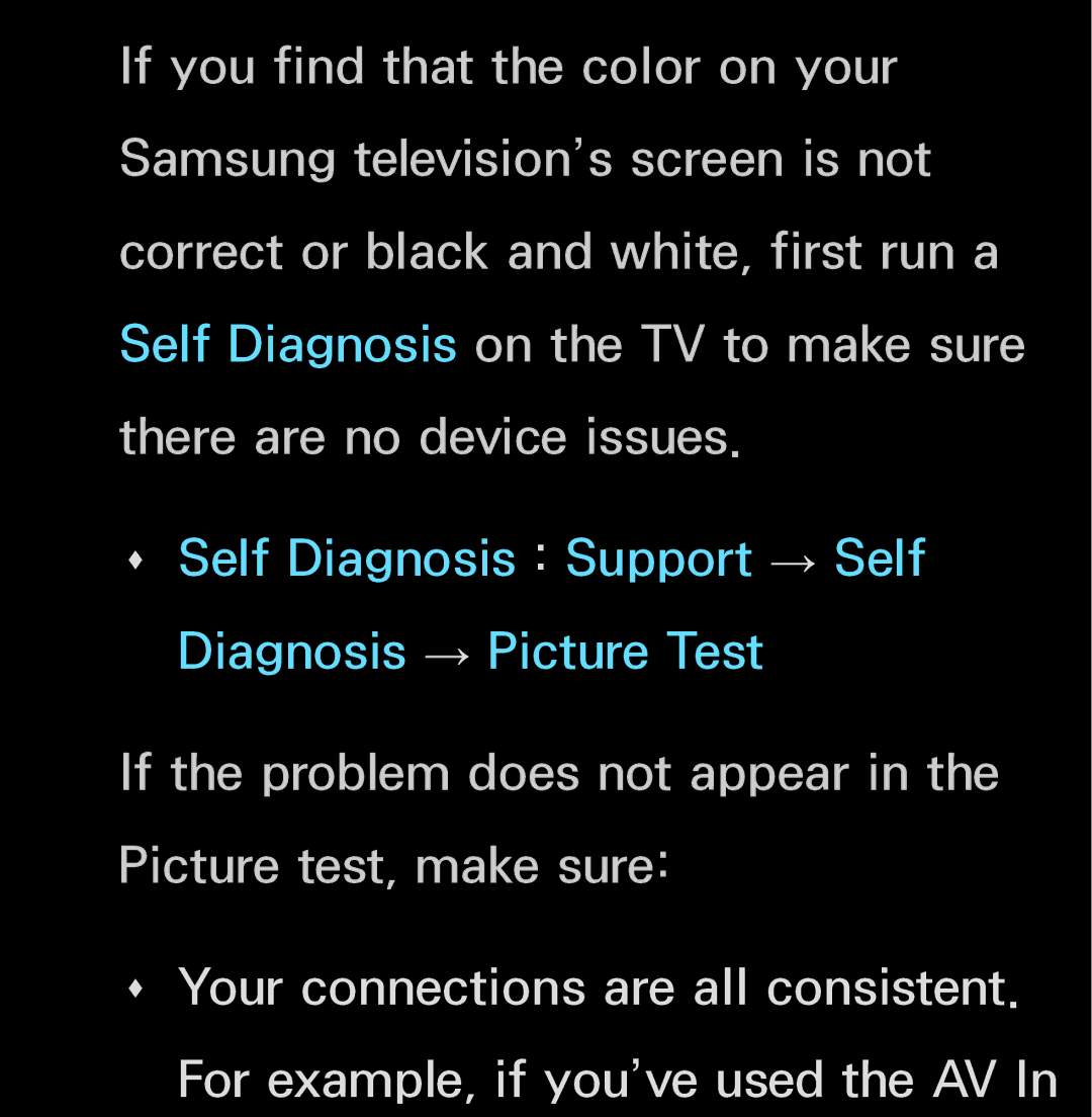 Samsung UN60FH6200, UN55ES6150 manual ŒŒ Self Diagnosis Support → Self Diagnosis → Picture Test 