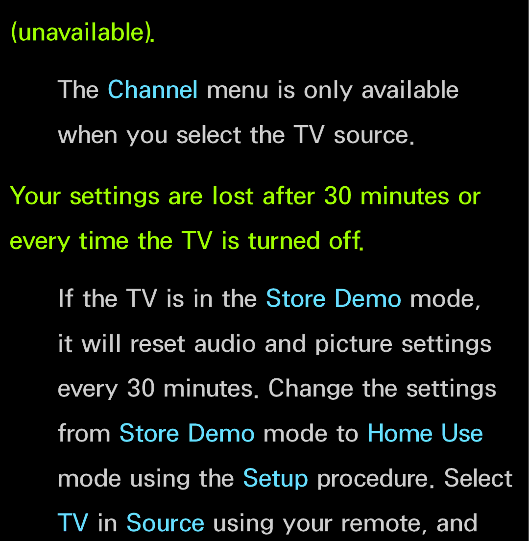 Samsung UN55ES6150, UN60FH6200 manual Channel menu is only available when you select the TV source 