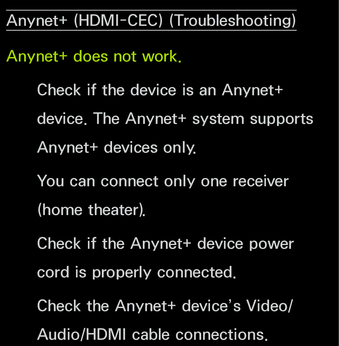 Samsung UN55ES6150, UN60FH6200 manual Anynet+ HDMI-CEC Troubleshooting 