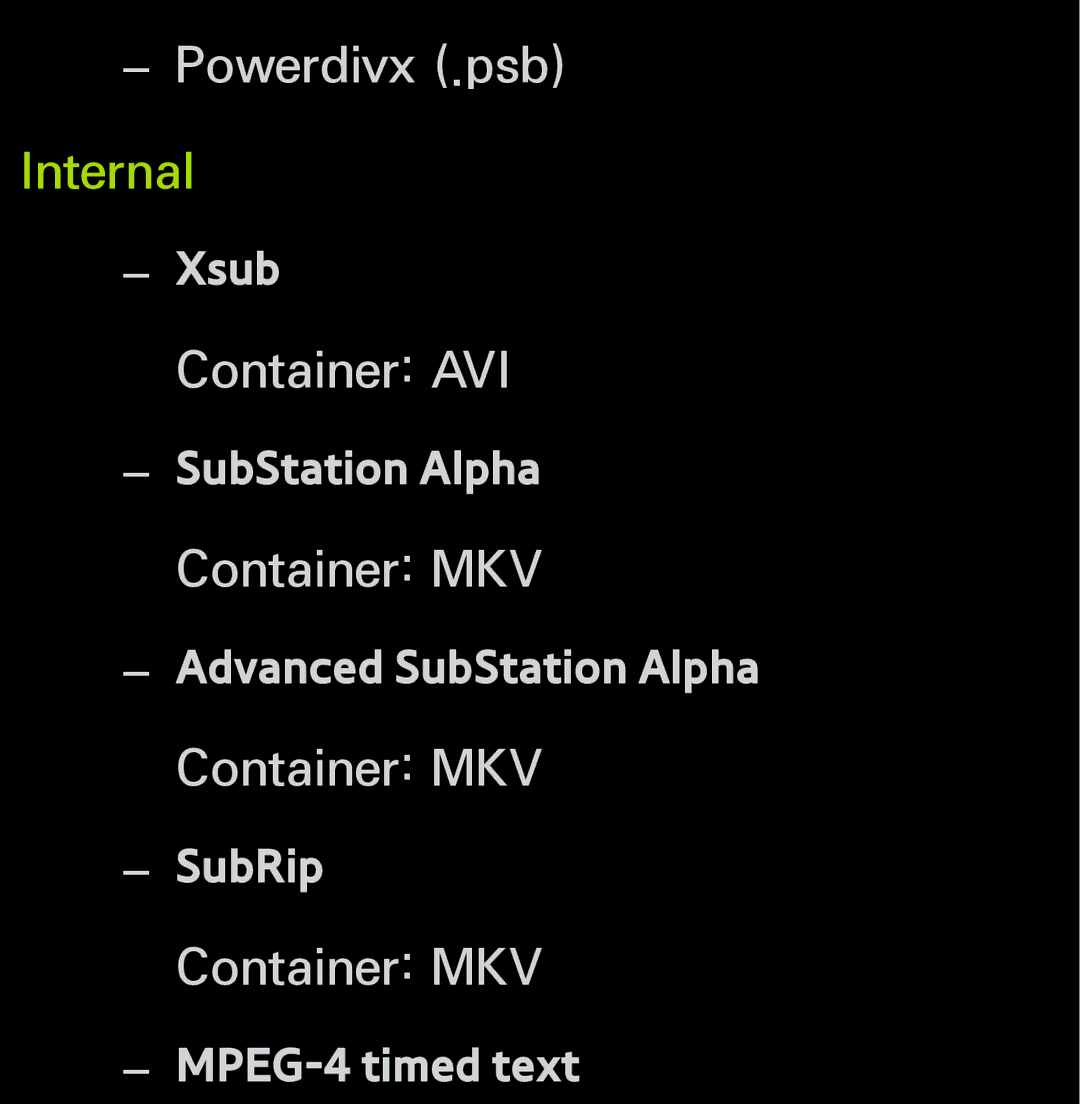 Samsung UN60FH6200, UN55ES6150 manual Powerdivx .psb, Container AVI, Container MKV 