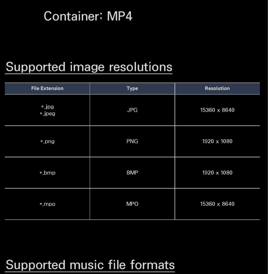 Samsung UN55ES6150, UN60FH6200 manual Container MP4 ℓSupported image resolutions, ℓSupported music file formats 