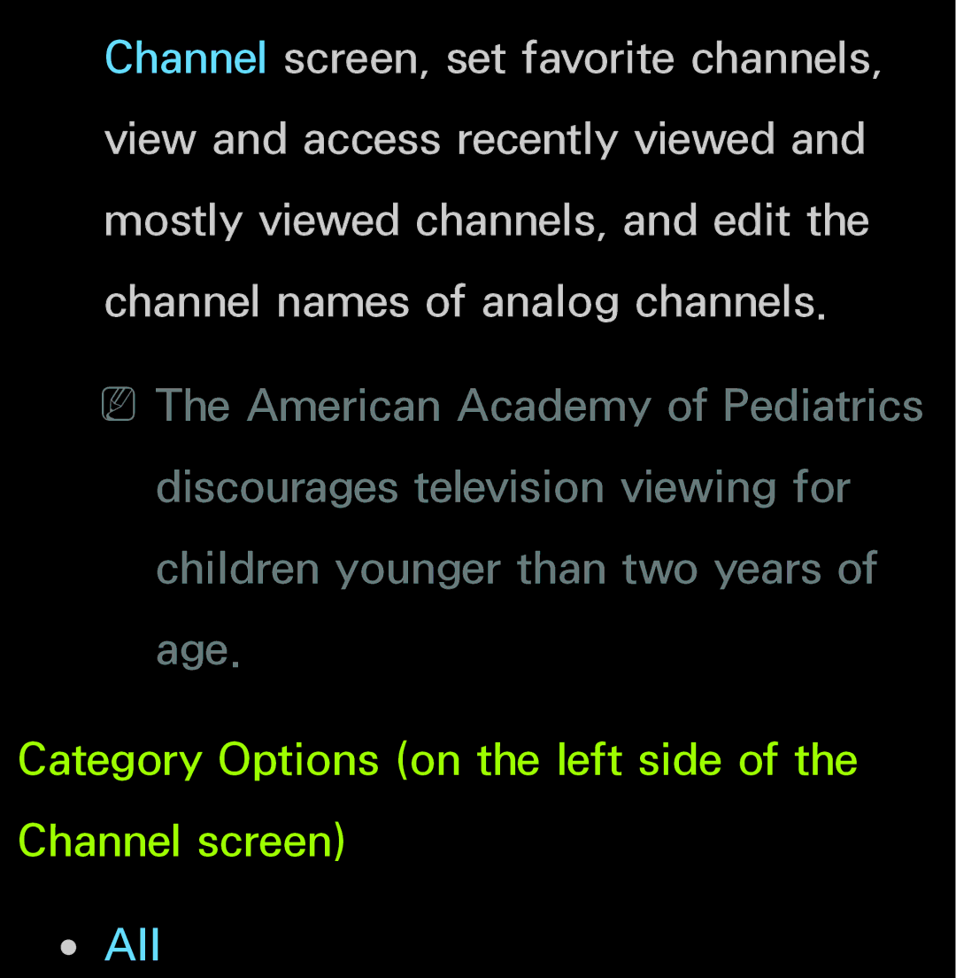 Samsung UN55ES6150, UN60FH6200 manual Category Options on the left side of the Channel screen 