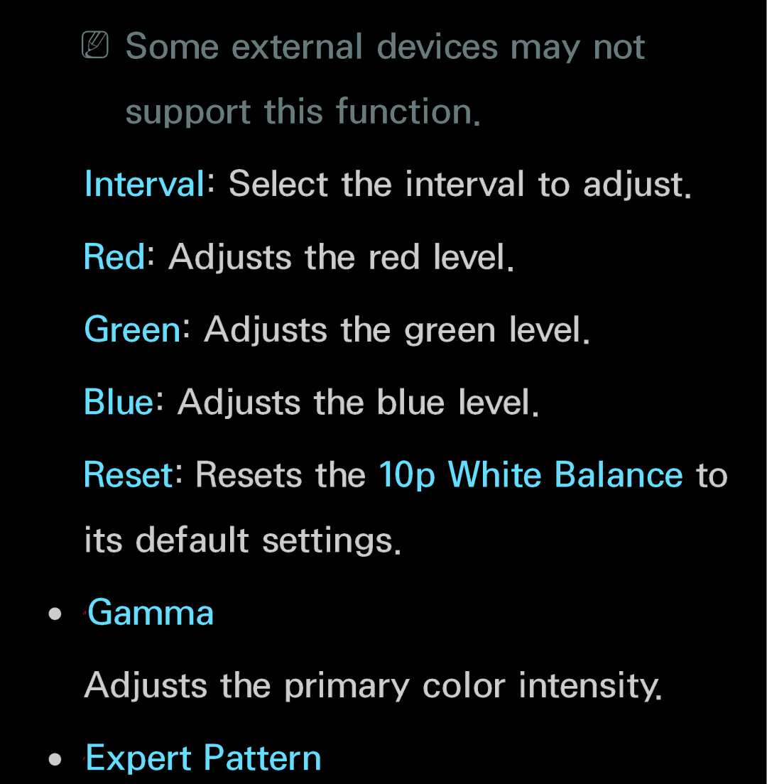 Samsung UN60FH6200, UN55ES6150 manual Adjusts the primary color intensity. ℓExpert Pattern 