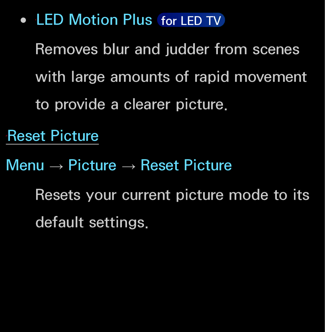 Samsung UN55ES6150, UN60FH6200 manual Resets your current picture mode to its default settings 