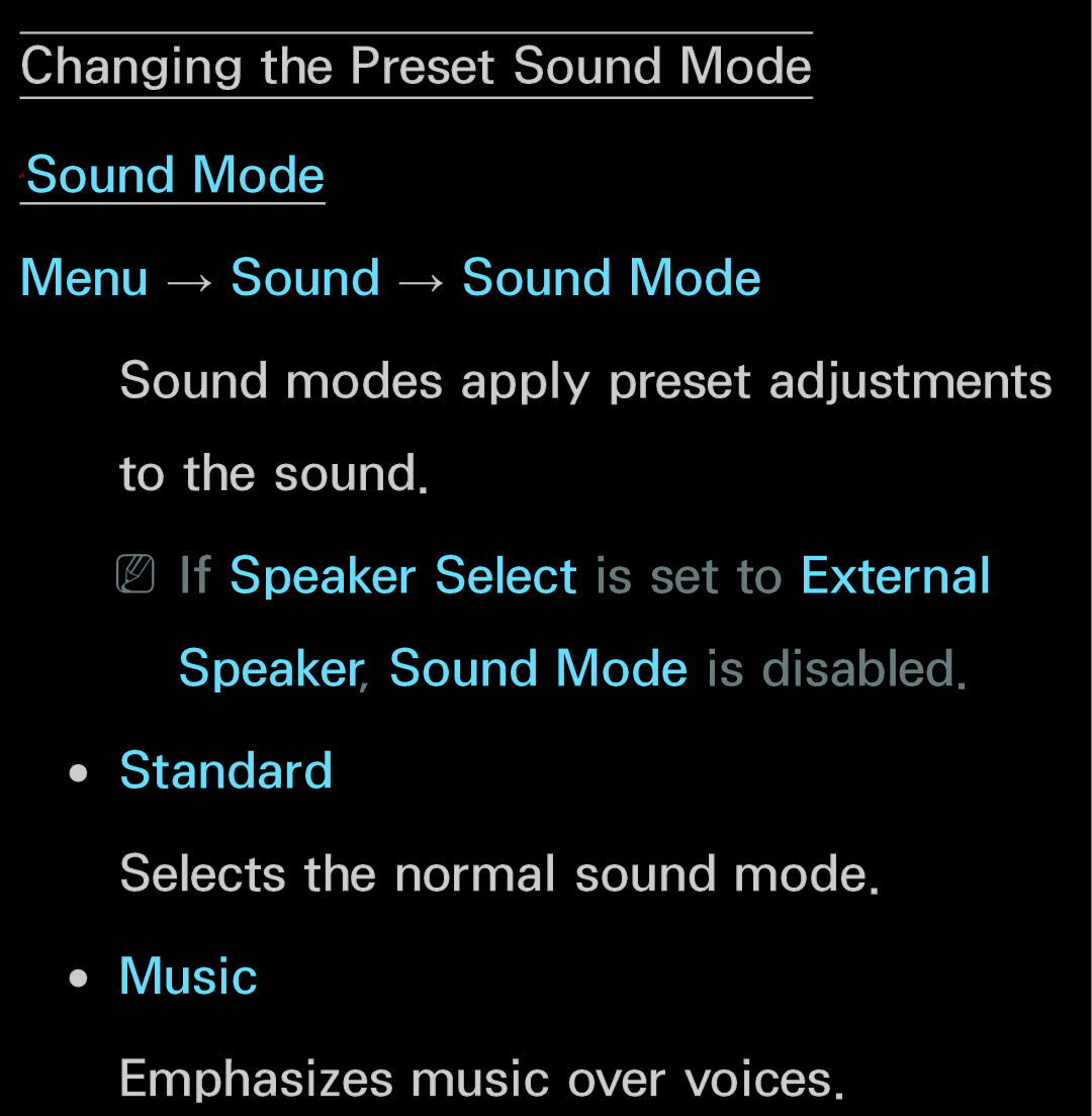 Samsung UN60FH6200, UN55ES6150 manual Changing the Preset Sound Mode, Sound modes apply preset adjustments to the sound 