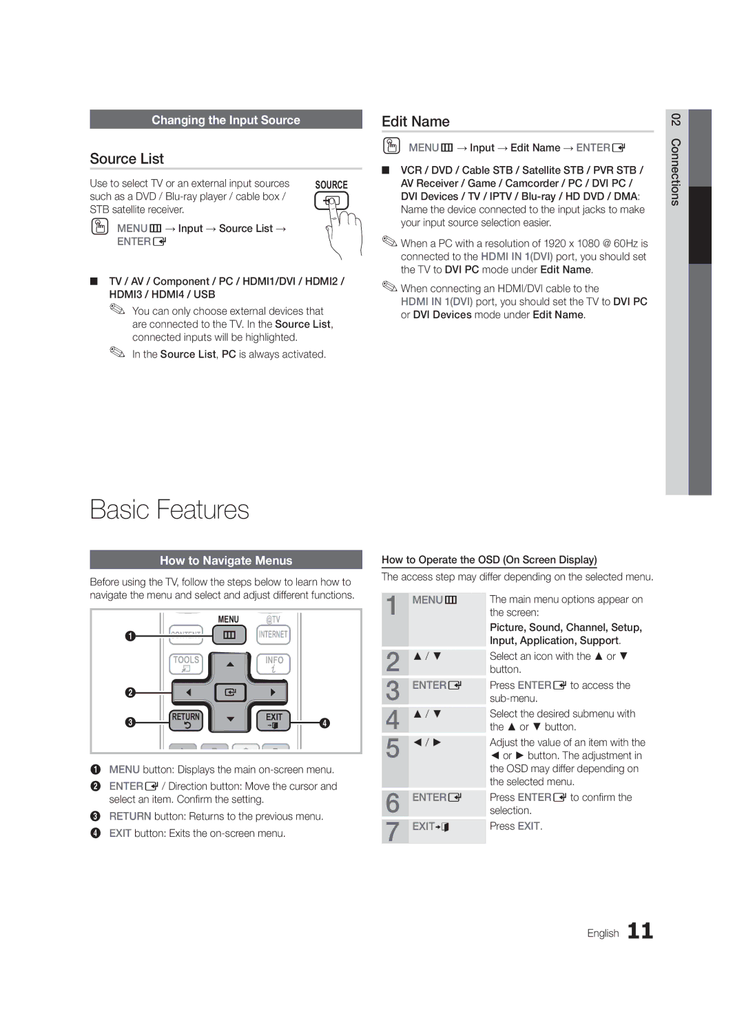 Samsung UN60C6400, UN65C6500 user manual Source List, Edit Name, Changing the Input Source, How to Navigate Menus 