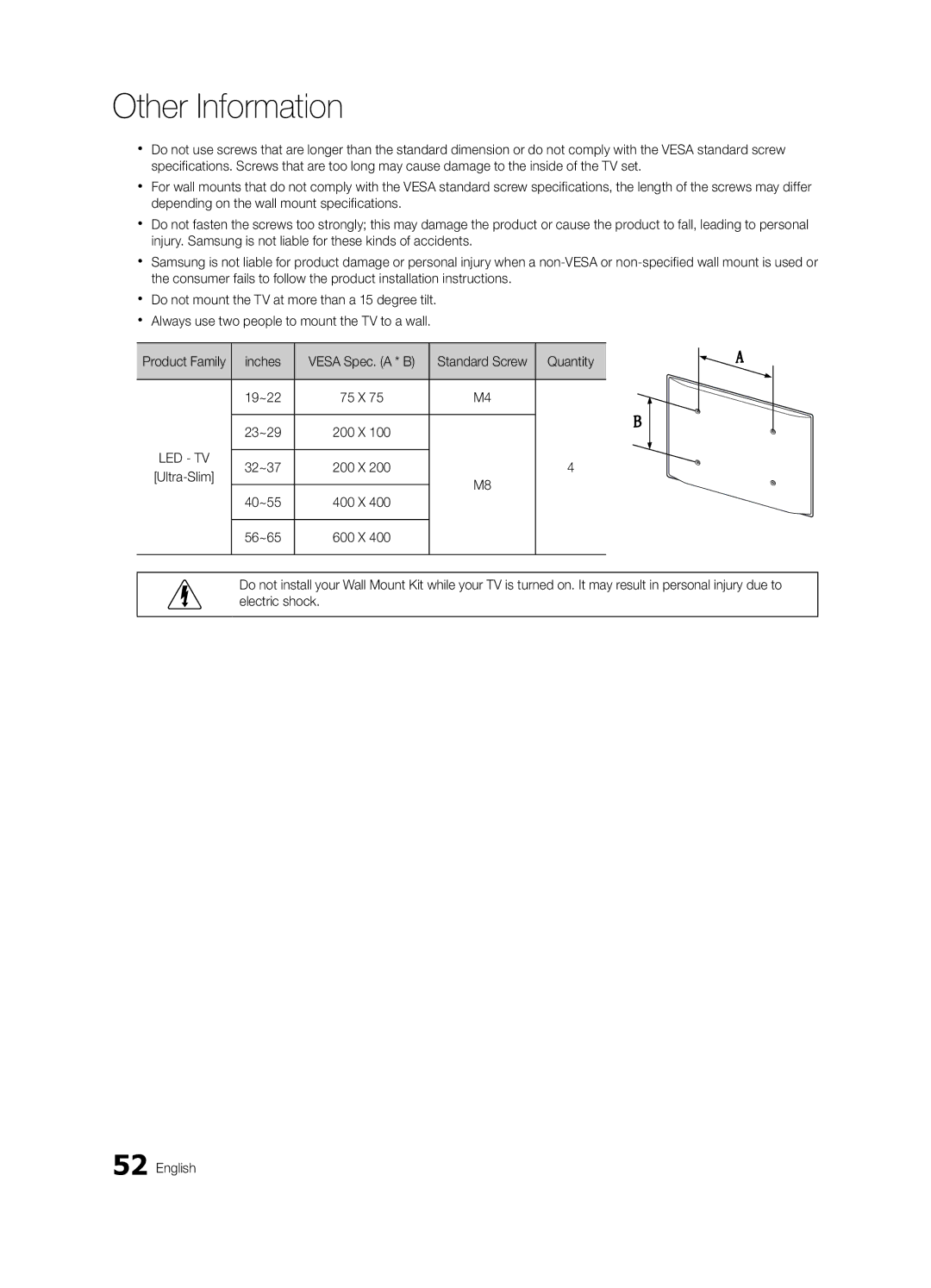 Samsung UN65C6500, UN60C6400 user manual Product Family Inches, Quantity, 19~22, 23~29, 32~37, 40~55, 56~65 