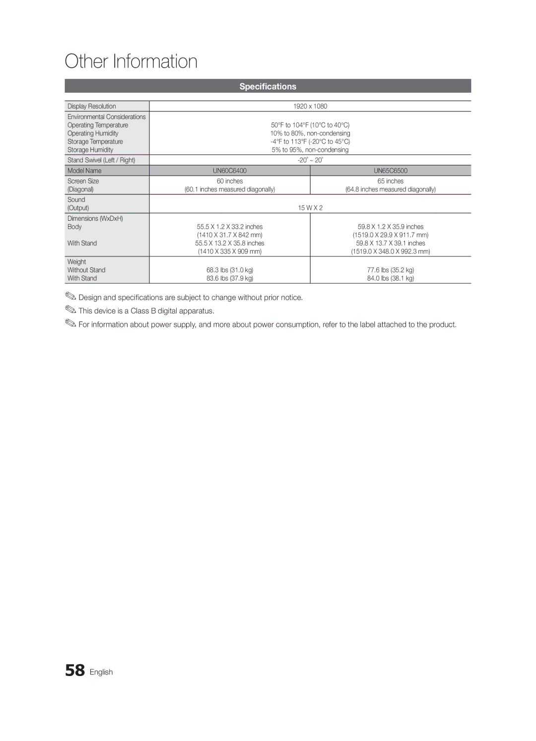 Samsung UN65C6500, UN60C6400 user manual Specifications 