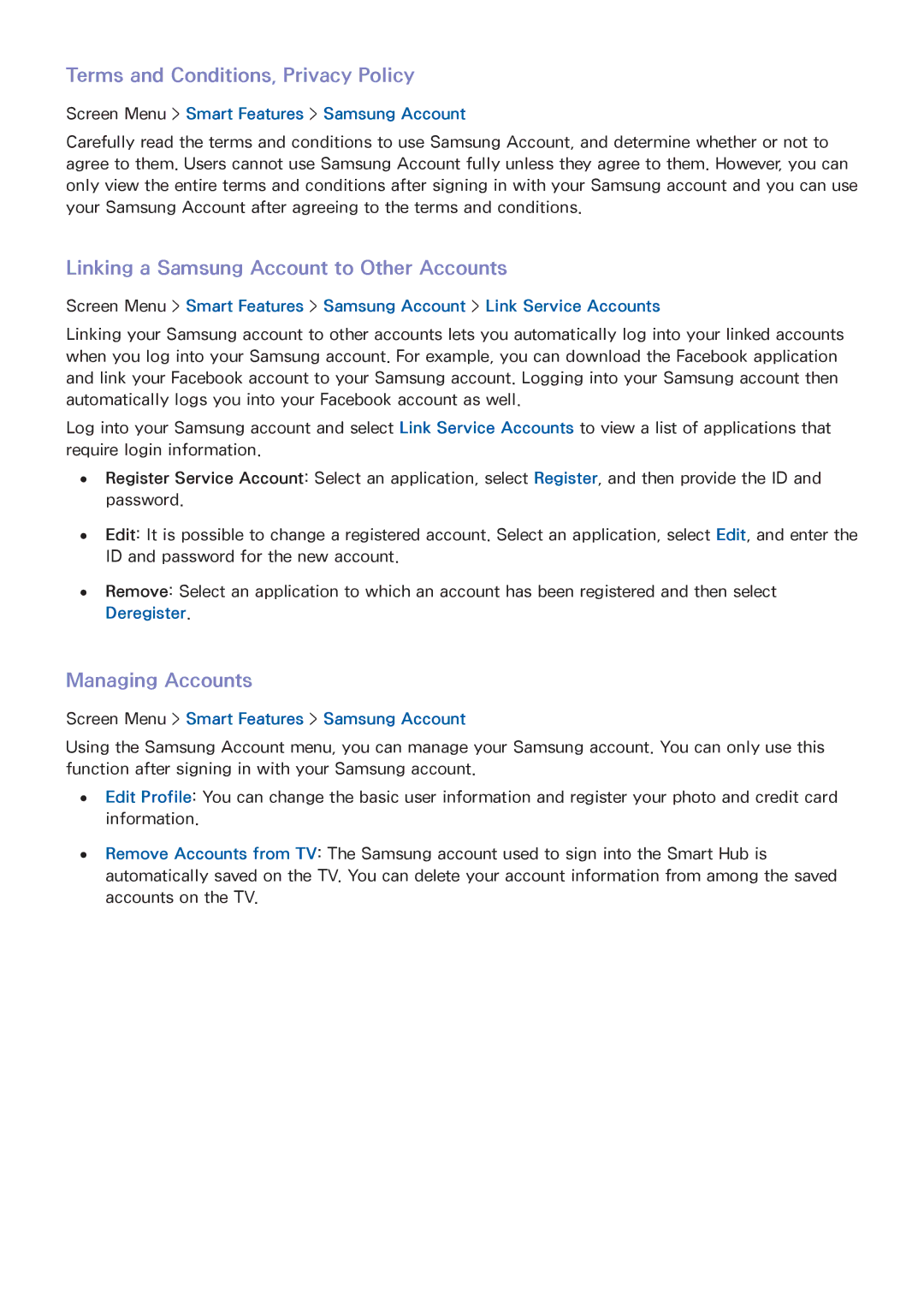 Samsung UN40F5500 Terms and Conditions, Privacy Policy, Linking a Samsung Account to Other Accounts, Managing Accounts 