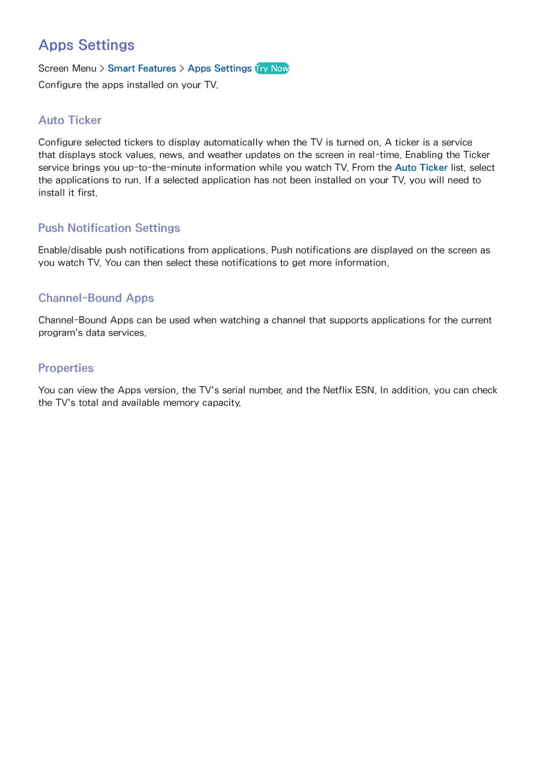 Samsung LED 4300, UN65F6300 manual Apps Settings, Auto Ticker, Push Notification Settings, Channel-Bound Apps, Properties 