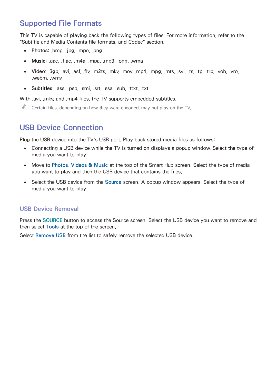 Samsung UN40F5500, UN65F6300, UN60F6300, UN50F6300 manual Supported File Formats, USB Device Connection, USB Device Removal 