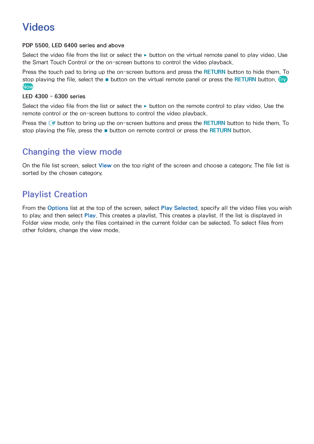 Samsung UN50F6300, UN65F6300, UN60F6300, LED 6300, LED 4300, UN40F5500 manual Videos, Changing the view mode, Playlist Creation 