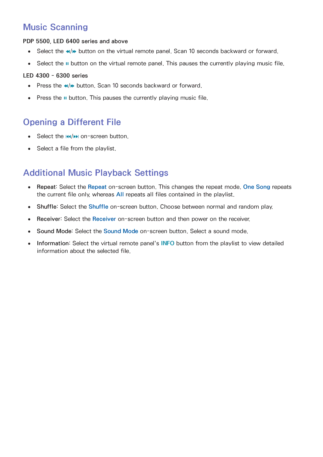 Samsung UN65F6300, UN60F6300, UN50F6300, LED 6300, LED 4300, UN40F5500 manual Music Scanning, Additional Music Playback Settings 