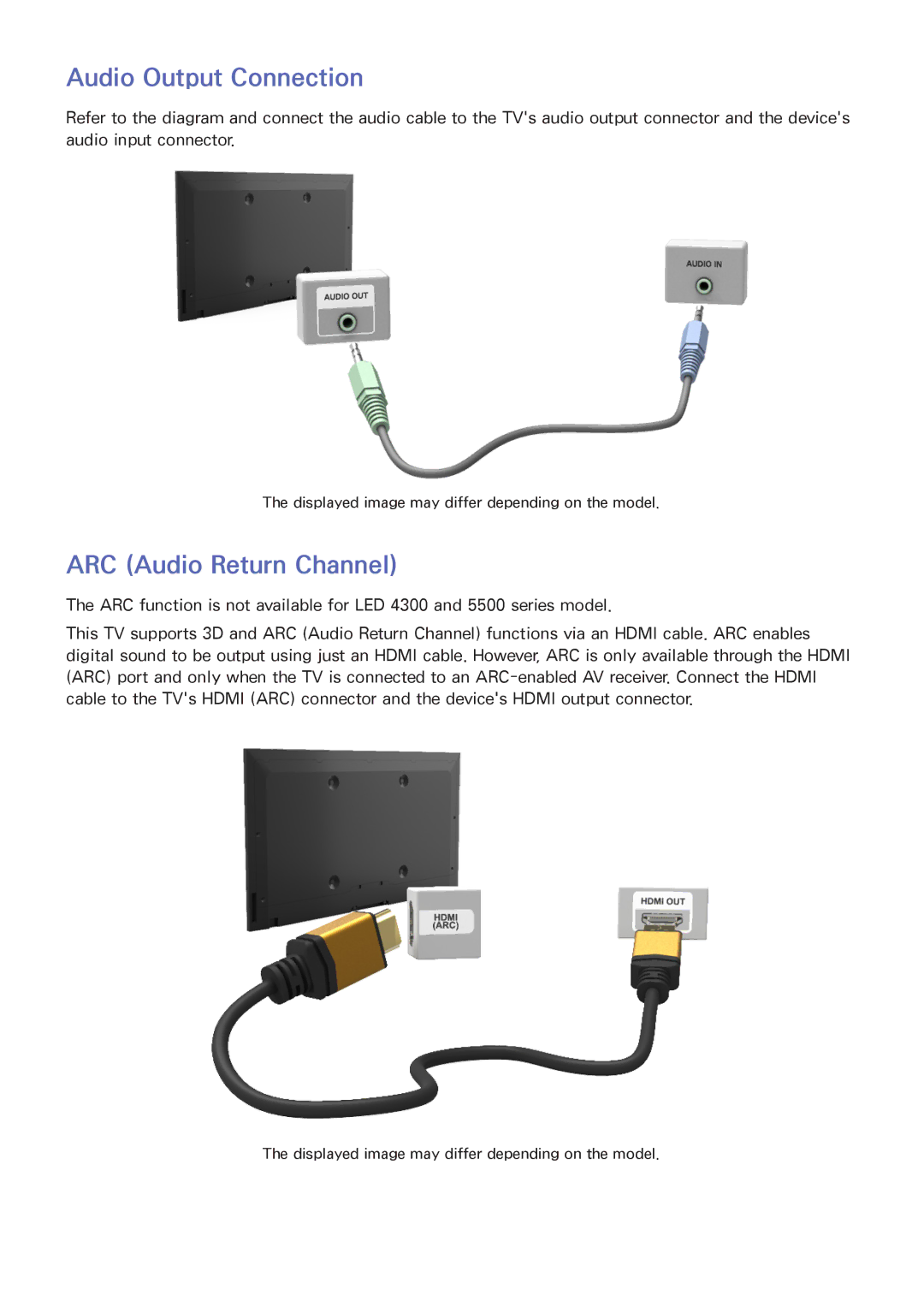 Samsung UN50F6300, UN65F6300, UN60F6300, LED 6300, LED 4300, UN40F5500 manual Audio Output Connection, ARC Audio Return Channel 