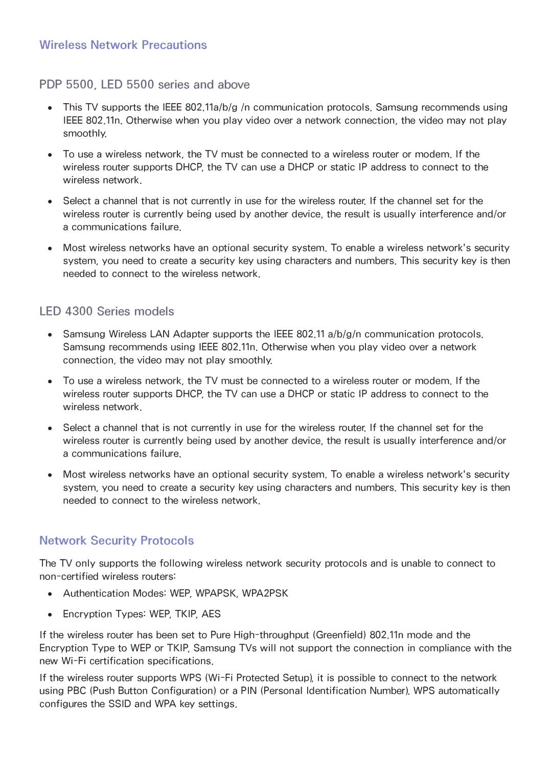 Samsung LED 4300, UN65F6300, UN60F6300, UN50F6300, LED 6300 manual Wireless Network Precautions, Network Security Protocols 