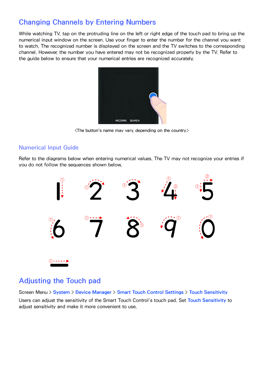 Samsung UN40F5500, UN65F6300 manual Changing Channels by Entering Numbers, Adjusting the Touch pad, Numerical Input Guide 