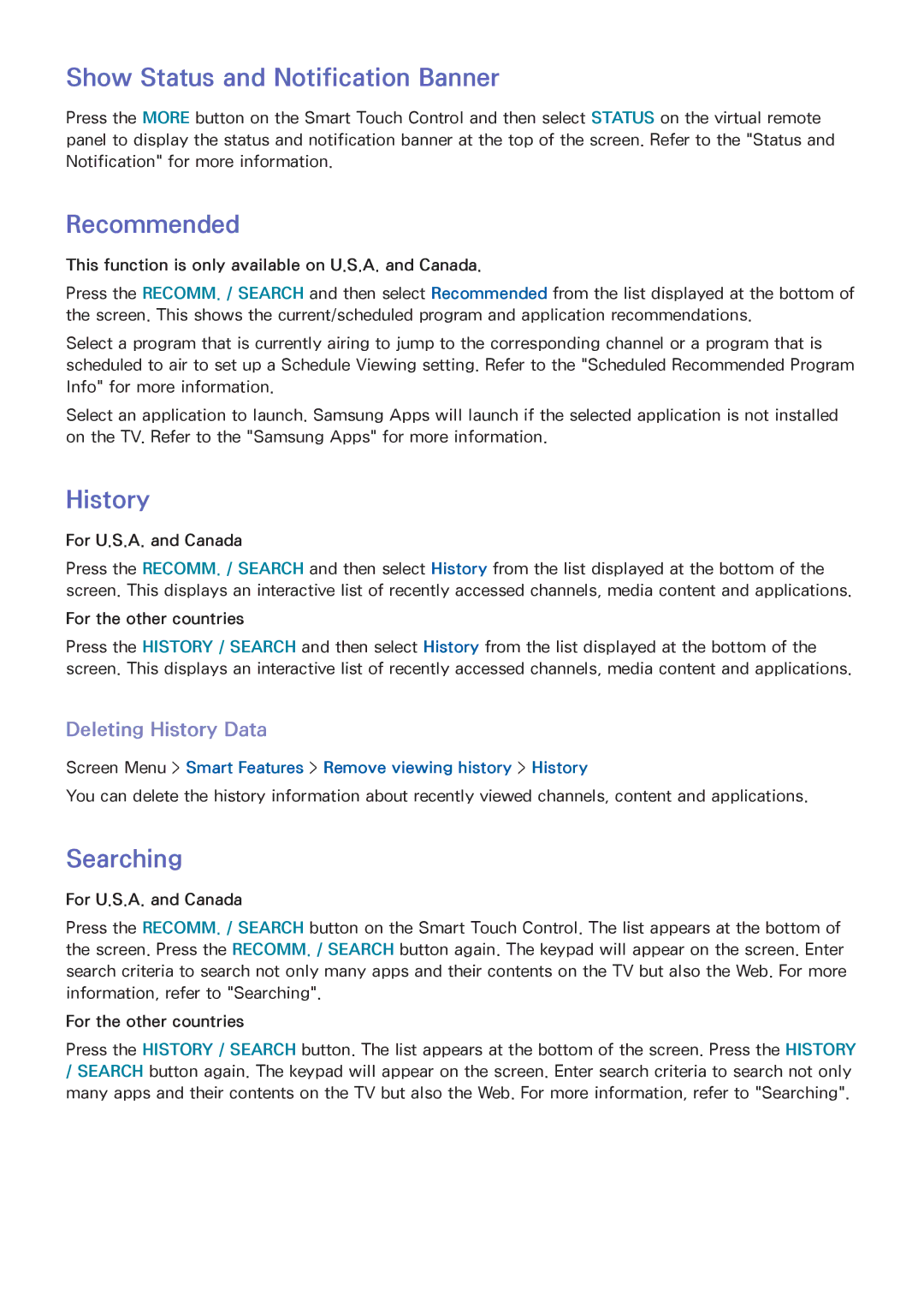 Samsung UN65F6300, UN60F6300 manual Show Status and Notification Banner, Recommended, Searching, Deleting History Data 