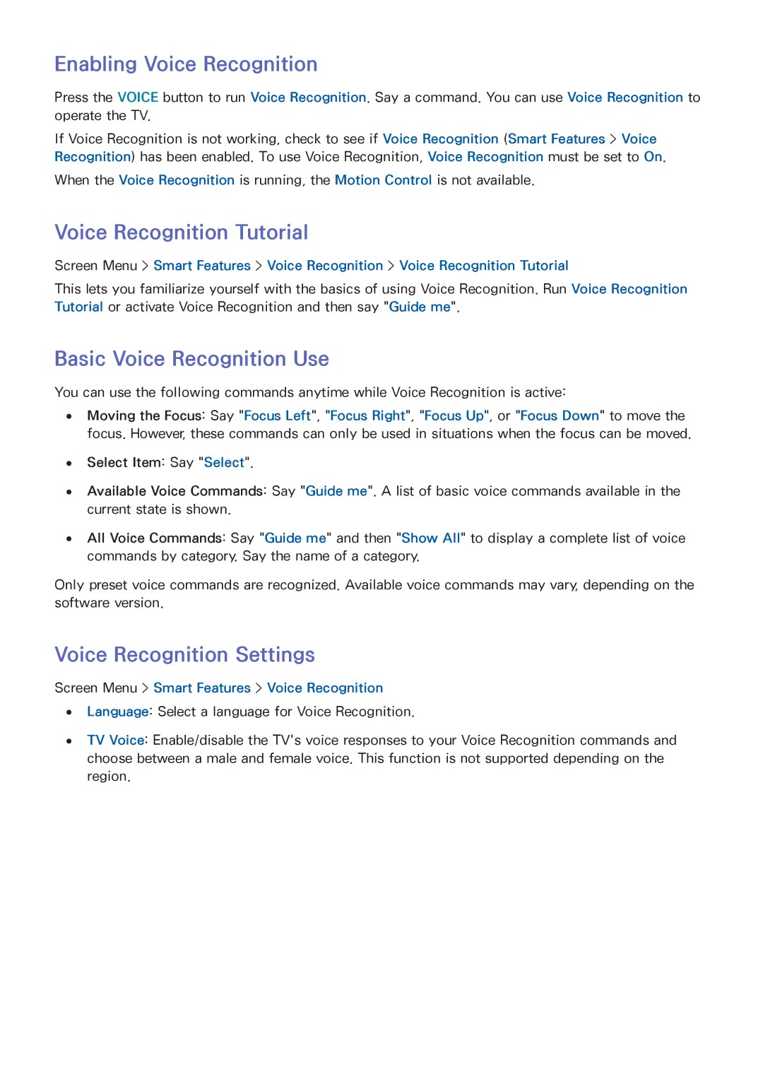 Samsung UN50F6300, UN65F6300, UN60F6300 Enabling Voice Recognition, Voice Recognition Tutorial, Basic Voice Recognition Use 