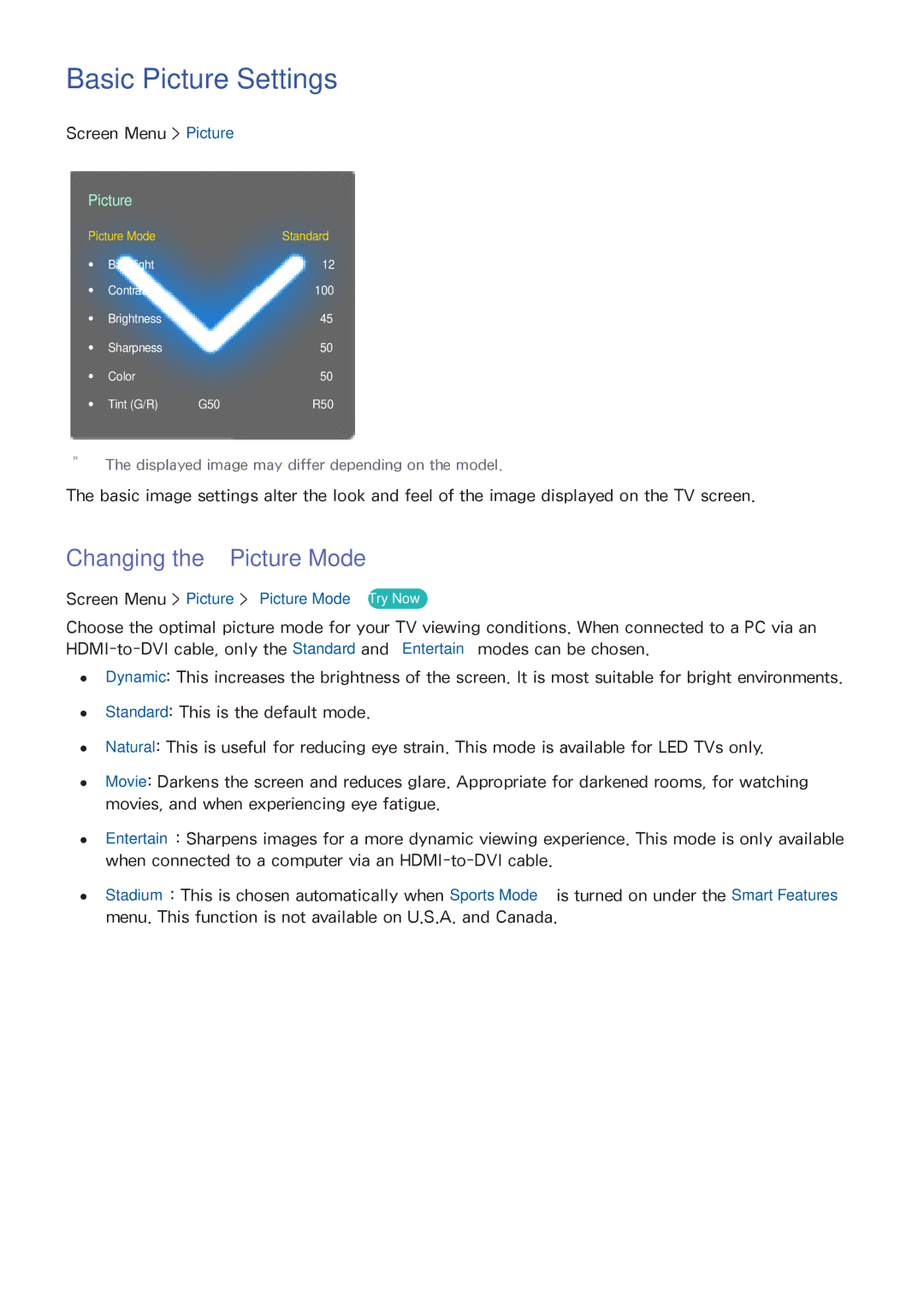 Samsung UN40F5500, UN65F6300 Basic Picture Settings, Changing the Picture Mode, Screen Menu Picture Picture Mode Try Now 