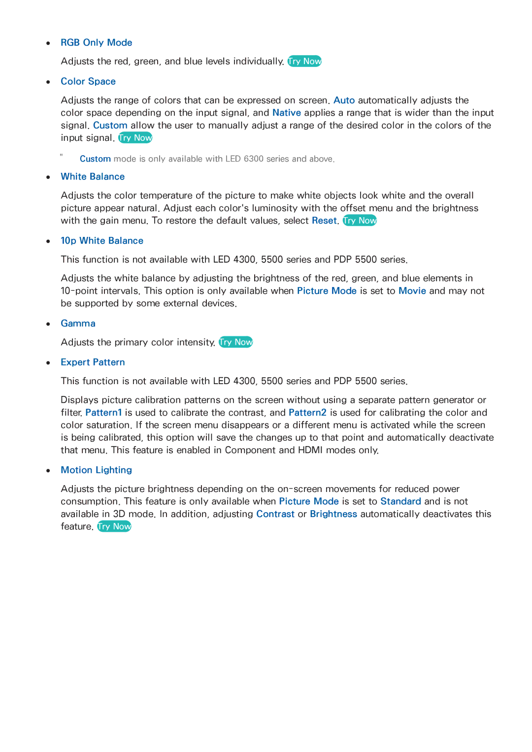 Samsung LED 4300, UN65F6300 manual RGB Only Mode, Color Space, 10p White Balance, Gamma, Expert Pattern, Motion Lighting 