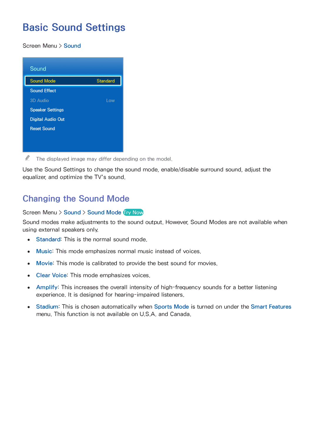 Samsung UN60F6300, UN65F6300, UN50F6300 Basic Sound Settings, Changing the Sound Mode, Screen Menu Sound Sound Mode Try Now 