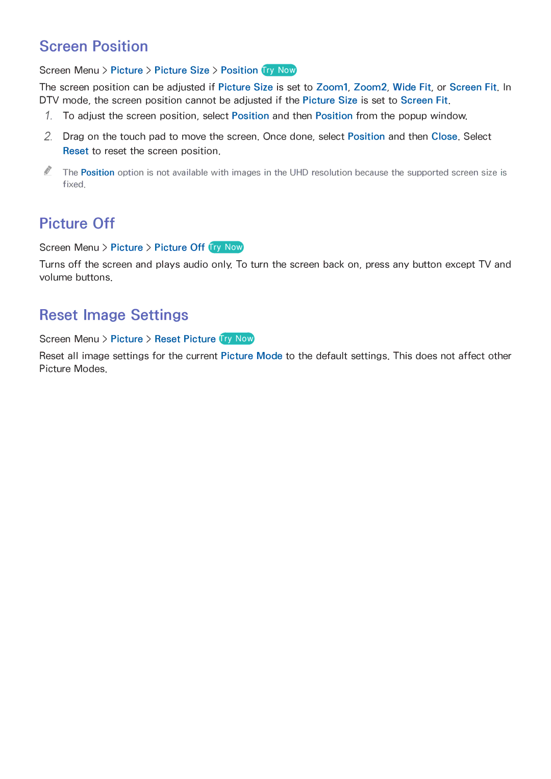 Samsung UN65F9000AF, UN65F8000, UN60F8000BF, UN55F9000 manual Screen Position, Picture Off, Reset Image Settings 