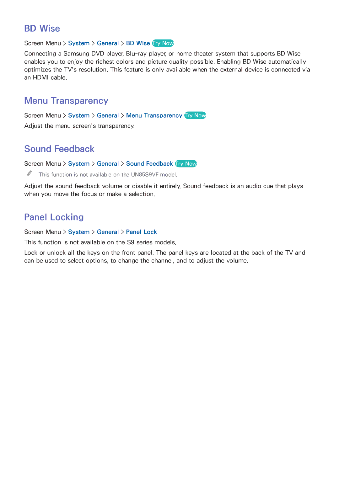 Samsung UN55F9000, UN65F9000AF, UN65F8000, UN60F8000BF manual BD Wise, Menu Transparency, Sound Feedback, Panel Locking 