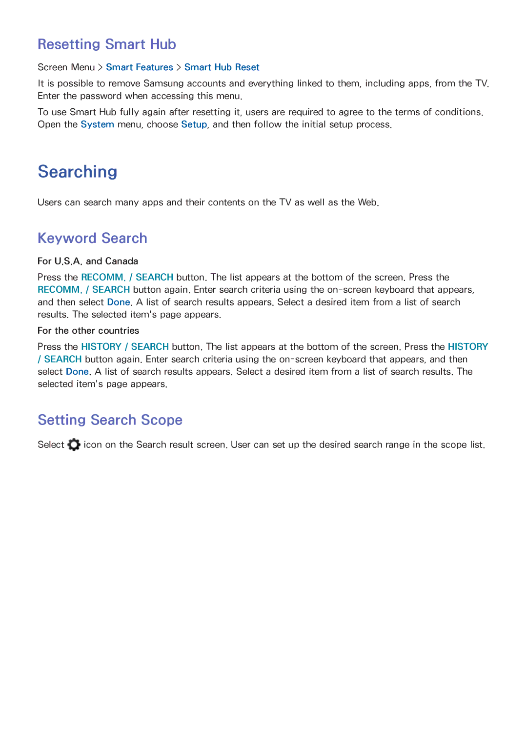 Samsung UN65F9000AF, UN65F8000, UN60F8000BF, UN55F9000 Searching, Resetting Smart Hub, Keyword Search, Setting Search Scope 