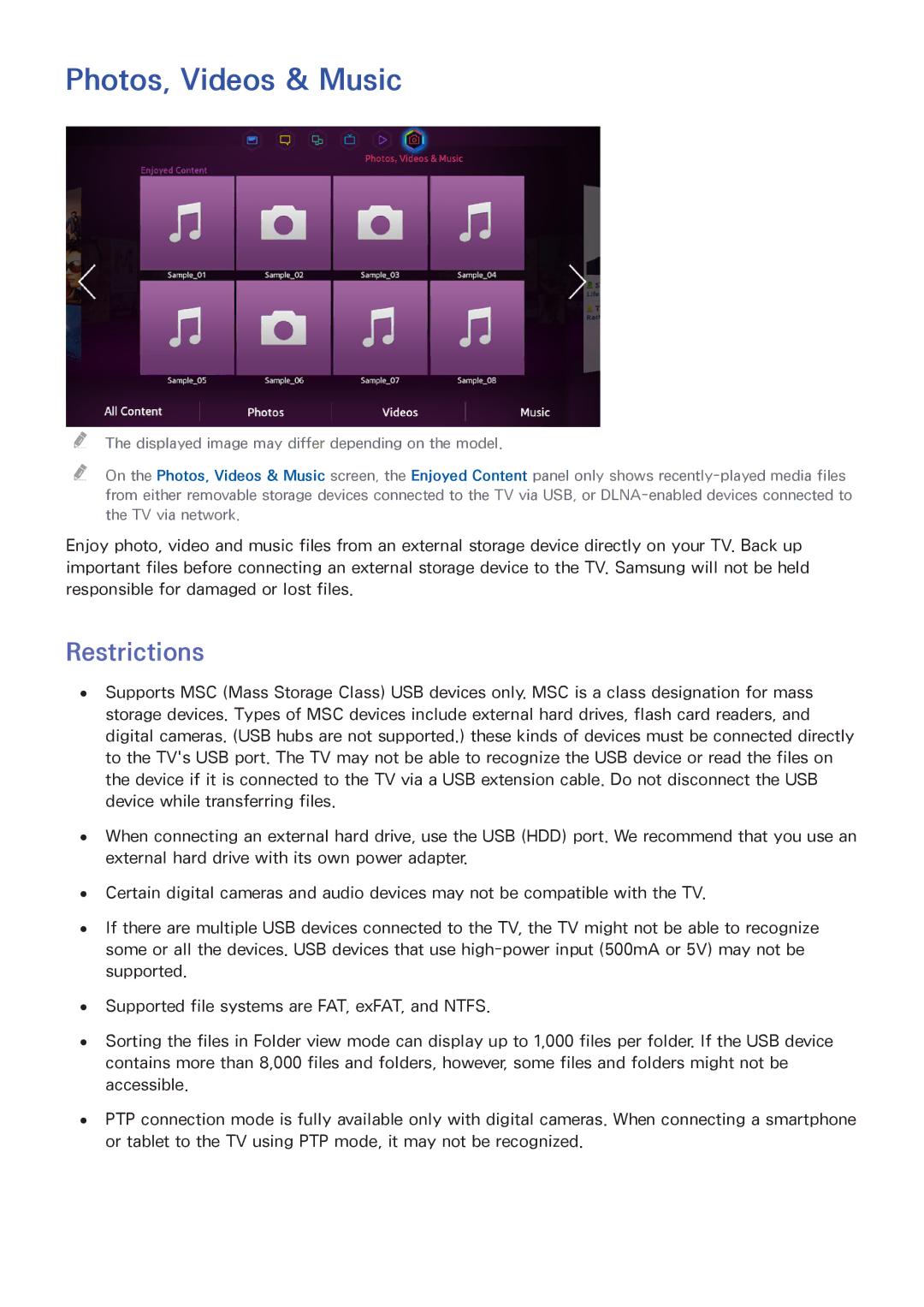 Samsung UN60F8000BF, UN65F9000AF, UN65F8000, UN55F9000 manual Photos, Videos & Music, Restrictions 