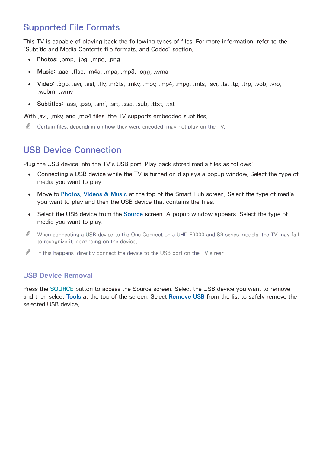 Samsung UN55F9000, UN65F9000AF, UN65F8000, UN60F8000BF Supported File Formats, USB Device Connection, USB Device Removal 