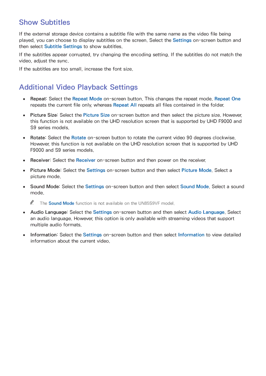 Samsung UN55F9000, UN65F9000AF, UN65F8000, UN60F8000BF manual Show Subtitles, Additional Video Playback Settings 